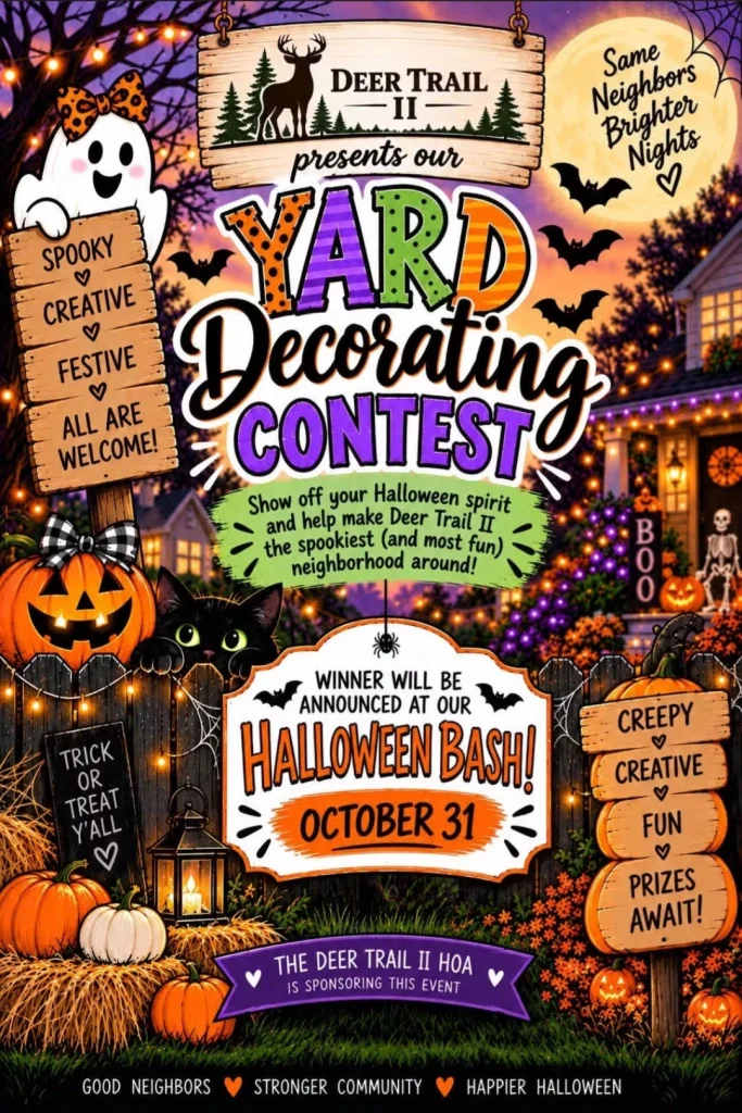 Deer Trail II Halloween Yard Decorating Contest flyer. The winner will be announced at our Halloween Bash on October 31, and the Deer Trail II HOA is sponsoring the event.