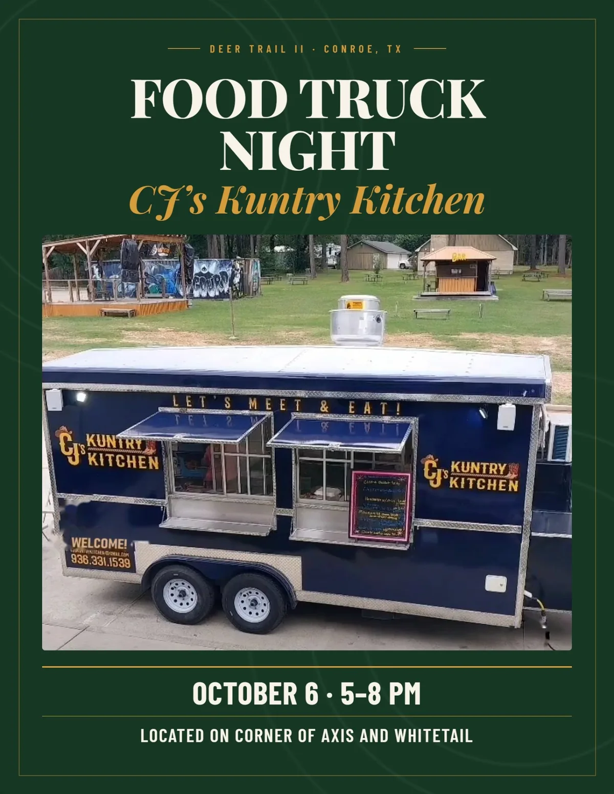Food Truck Night flyer for CJ's Kuntry Kitchen, October 6, 5 to 8 PM, at the corner of Axis and Whitetail
