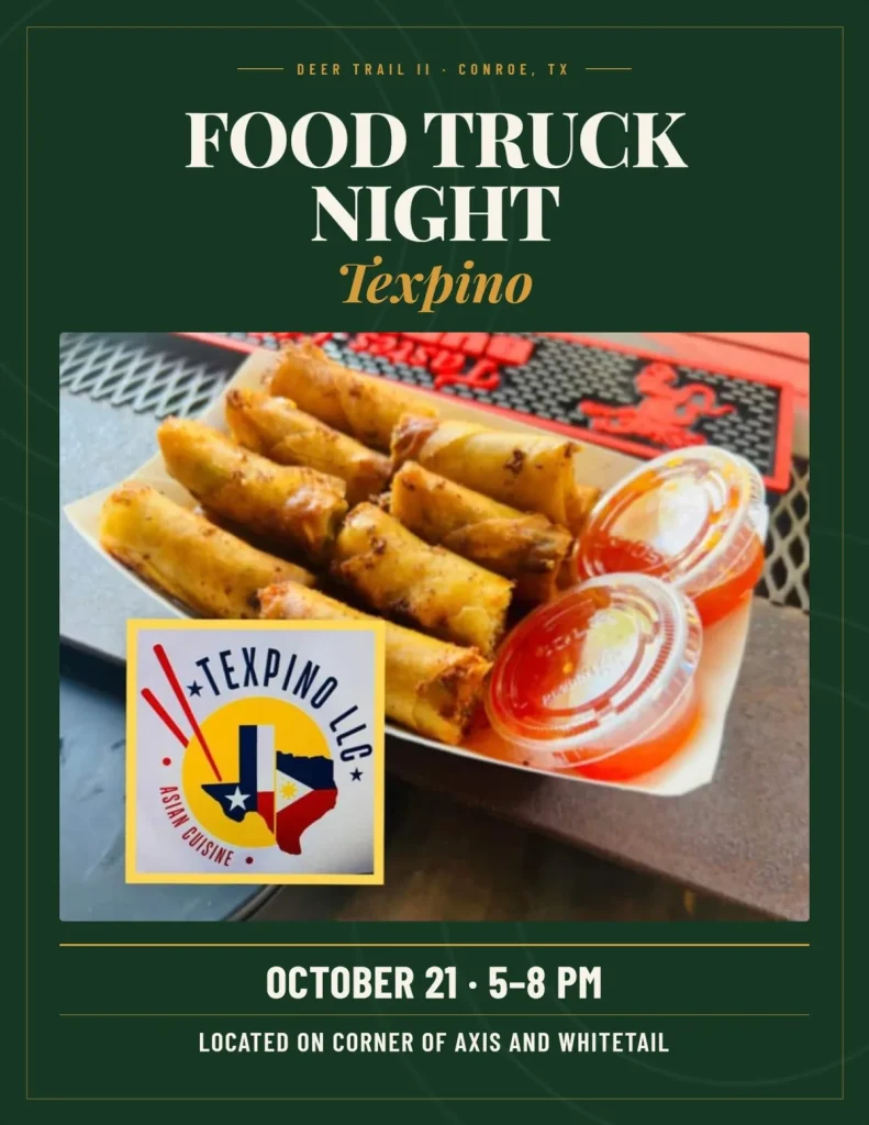 Food Truck Night flyer for Texpino, October 21, 5 to 8 PM, at the corner of Axis and Whitetail
